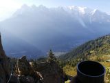 Via ferrata des Evettes: Enjoying a morning coffee, looking back down the route, with the Mont Blanc massif in the background